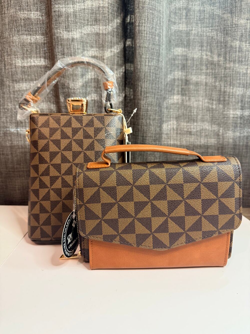 Atrie Brown & Tan Geometric Handbag Bundle – 2 Top Handle Bags